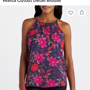 Papermoon Floral Halter Tank Top - Pink and Red on Navy XXL